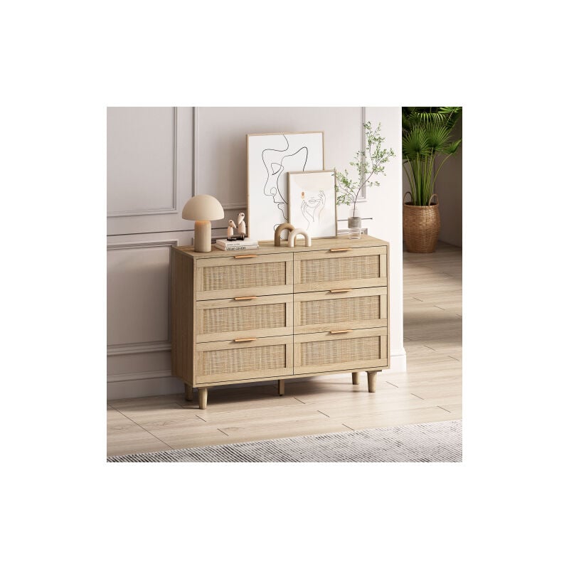 Wishdor - Commode en rotin à 6 tiroirs, pour chambre, salon, naturel