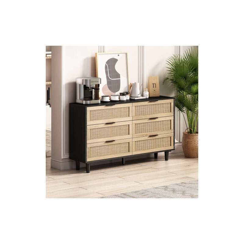 Commode en rotin à 6 tiroirs, pour chambre, salon, noir