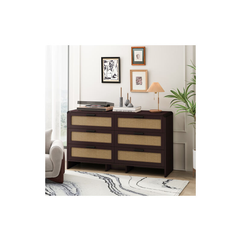Commode en rotin, commode haut 130cm, 6 tiroirs, coin incurvé, panneaux de particules, pour chambre, salon, marron rougeâtre