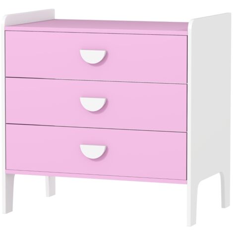 Commode enfant 3 tiroirs, MDF, meuble de rangement bébé, Rose et Blanc