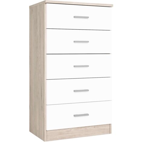 Commode 5 tiroirs blanche mat et sahara – Dimensions 50x90x33cm – Mélamine de qualité supérieure – Design moderne pour chambre – Vmo Home