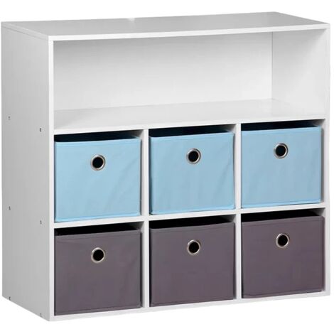 Commode enfant 7 cases – L 76.5 cm x P 29.5 cm x H 70 cm – Couleur gris et bleu – Montage facile – Wadiga