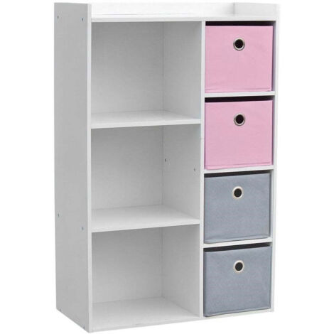 Commode enfant blanche en MDF – 4 paniers rose et gris – Dimensions 62x29,5x96 cm pour rangement jouets et vêtements – Wadiga