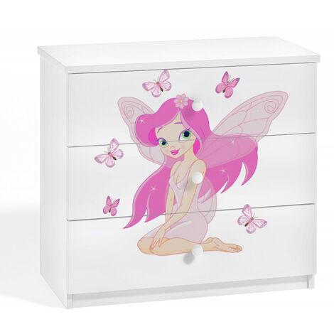 Commode enfant blanche fée avec papillons 80cm