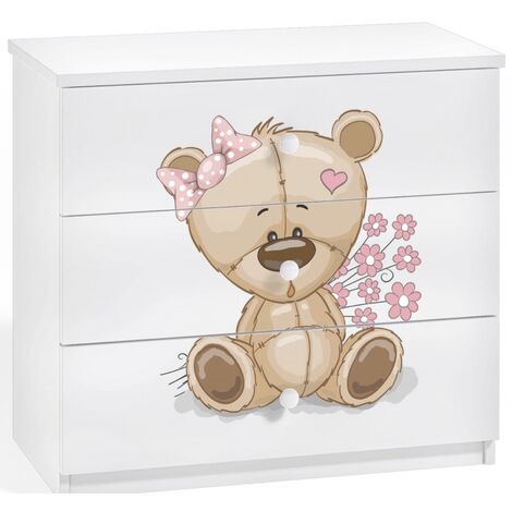 Commode enfant blanche ourson avec fleurs 80cm
