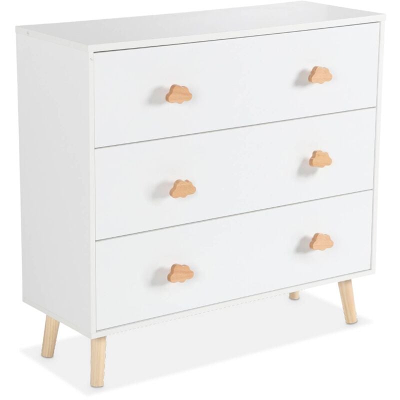 Sweeek - Commode enfant. décor bois. blanc. 3 tiroirs. pieds et poignées nuage en pin