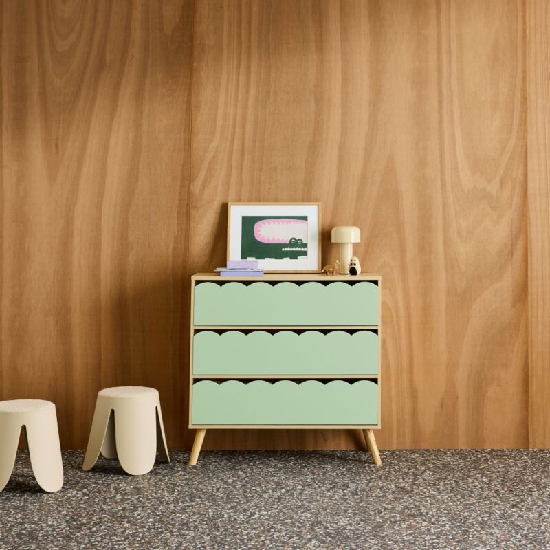 Commode enfant décor bois vert 3 tiroirs. pieds bois de pin - 80 x 30 x 79 cm - Azur