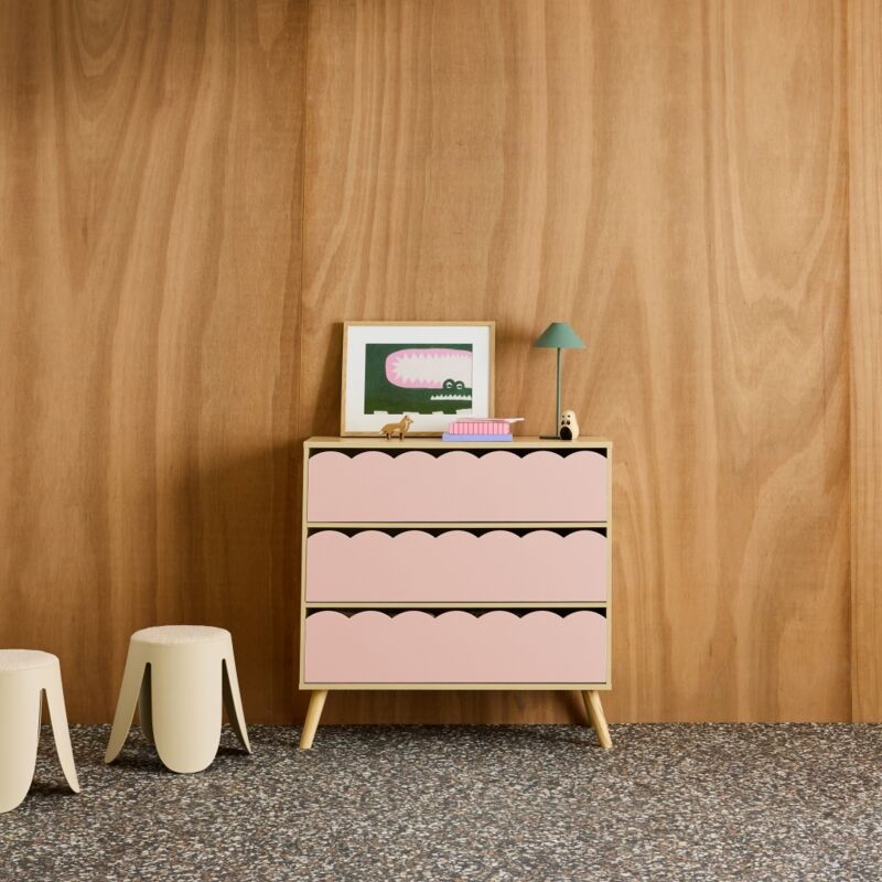Commode enfant décor bois rose 3 tiroirs. pieds bois de pin - 80 x 30 x 79 cm - Azur