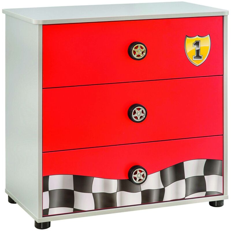 cotecosy - commode pour enfant 3 tiroirs racing l76xh74cm bois rouge , noir et blanc - rouge