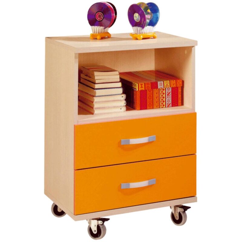 Commode enfant à roulettes 55x78 cm, couleur hêtre avec orange, table enfant