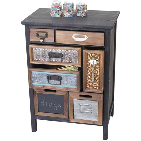 Commode enfant vintage en bois massif de sapin – 7 tiroirs décoratifs – Dimensions 78x55x35 cm – Style patchwork shabby chic