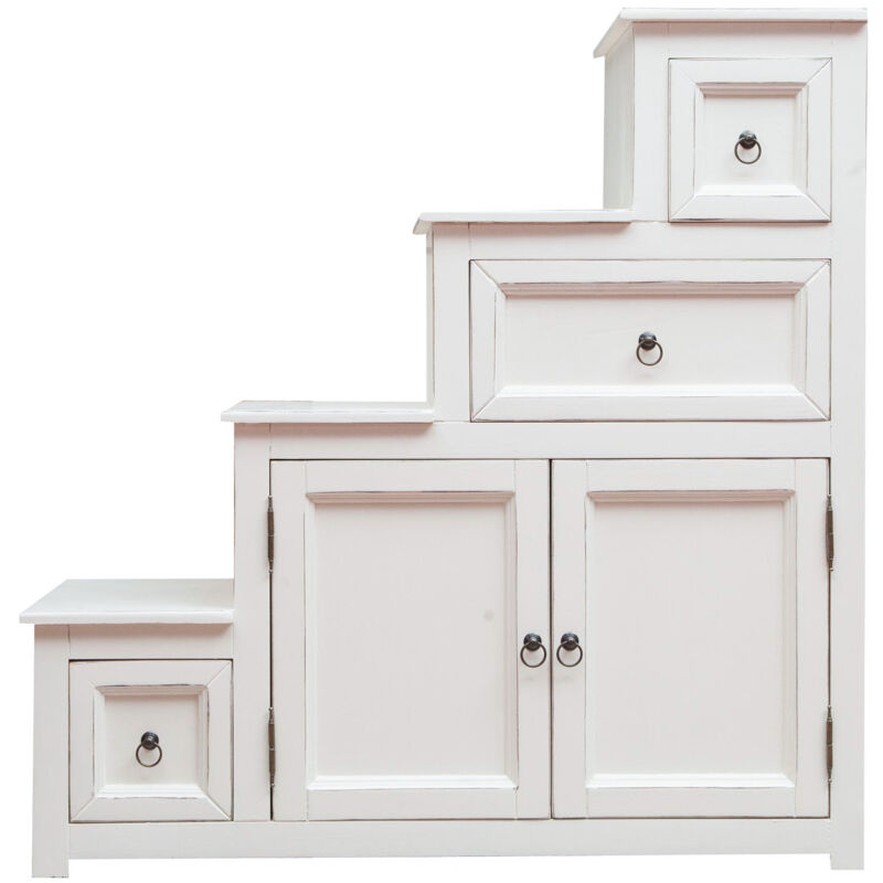 Biscottini - Commode escalier avec tiroirs rustique style bois massif de tilleul finition blanche antique