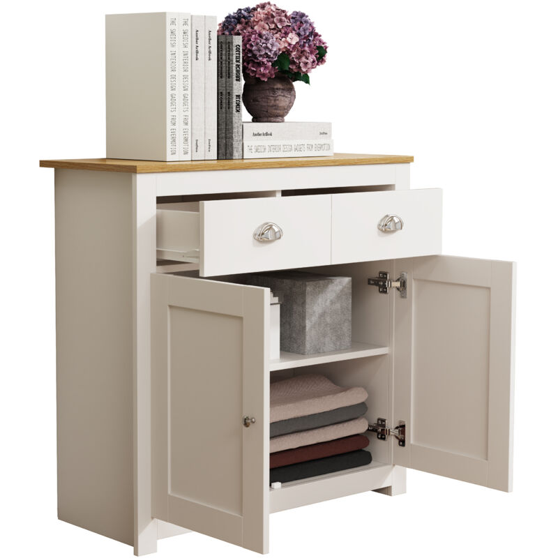 Commode Balusa 2 tiroirs – H. 81 x L. 82 x P. 35 cm – Design rétro blanc pour rangement élégant – VCM
