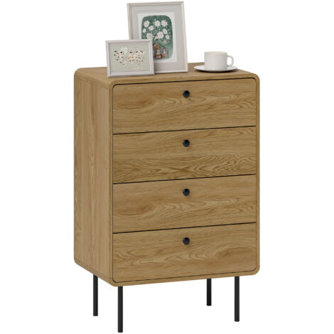 Commode étroite 4 tiroirs, meuble de rangement en chêne avec pieds en acier, 60x39x91,5 cm, coins arrondis, design moderne pour salon ou chambre.