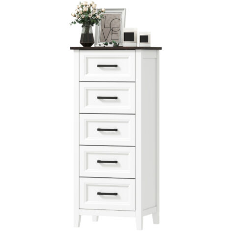 Commode étroite et haute avec plateau effet bois pour petits espaces 45 x 35 x 106 cm Blanc