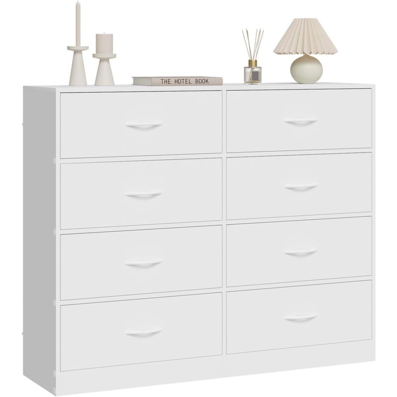 Commode à Tiroirs Woltu Armoire avec 8 Tiroirs en Tissu, Commode de Rangement 108x30x89 cm, Meuble de Rangement en Bois Composite et en Métal, Blanc