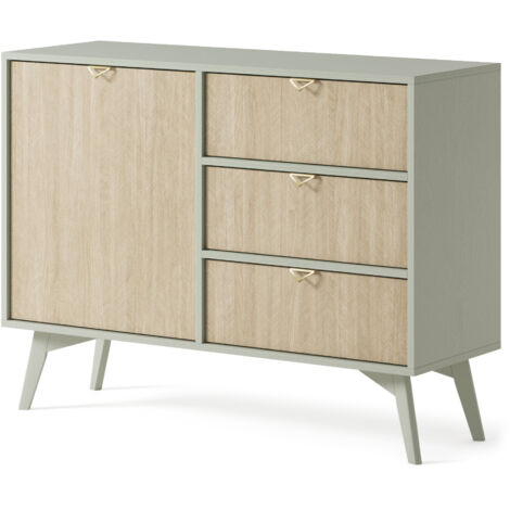 Commode : Eucalyptus / Chevrons scandi, Pieds Bois, 106 × 80 × 38cm