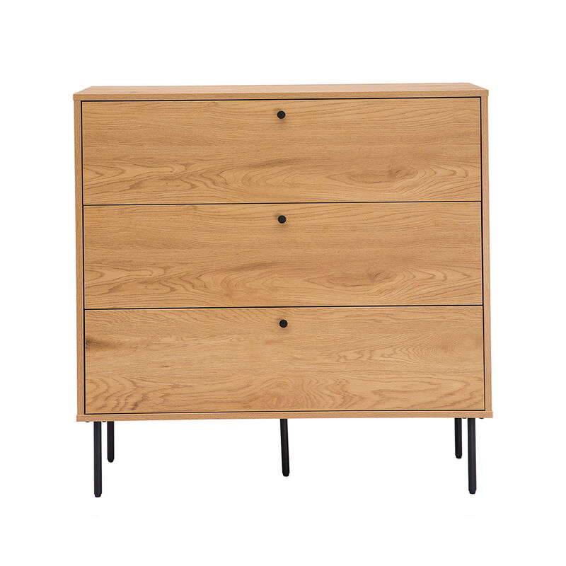 Commode finition bois clair chêne et pieds métal noir 3 tiroirs L100 cm pernelle