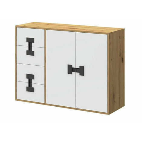 Commode Florevi 102, Mat blanc + Chêne Artisan, Avec tiroirs et portes, Nombre de tiroirs: 4, 86x117x40cm