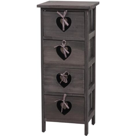 Commode Forli, armoire à tiroirs, 4 tiroirs avec cœurs 70x29x25cm, look shabby, vintage, gris-brun
