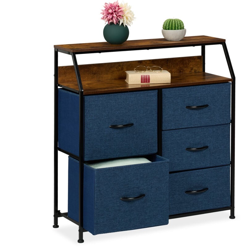 Commode à 5 tiroirs, 2 surfaces, hlp : 87 x 84 x 30 cm, meuble de rangement, chambre, salon, bleu/marron - Relaxdays