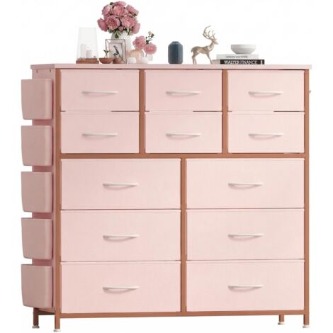 Commode Haute pour Chambre, Commode à 12 Tiroirs en Tissu, Cadre en Acier, Style Industriel, Meuble De Rangement pour Chambre, Couloir, Entrée, Salon 99x30x110cm Rose