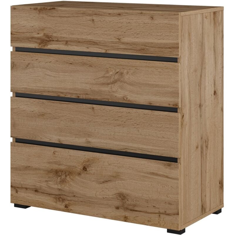 Commode havana chêne et noir – 4 tiroirs – Style naturel et rangement moderne