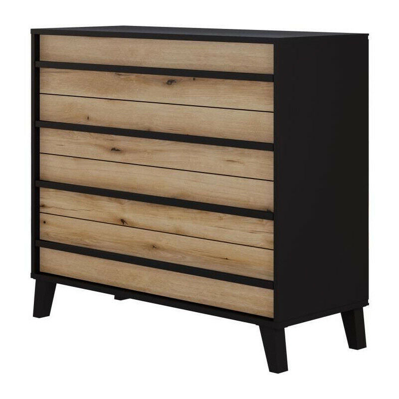 Commode HEKA 4 tiroirs - Décor noir et chene - L100 x P40 x H89 cm - Fabriqué en Espagne