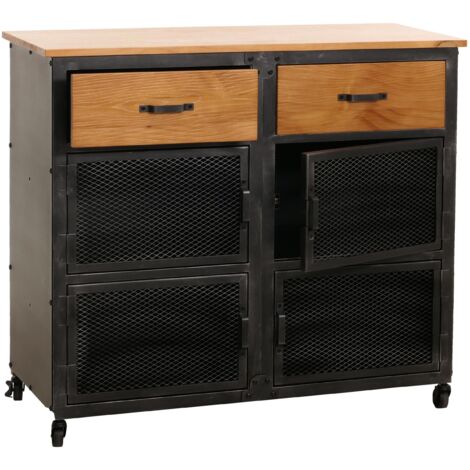 Commode HHG-081, armoire, roulettes 2 tiroirs, structure 3D industrielle rétro métal bois 90x100x40cm, noir, naturel