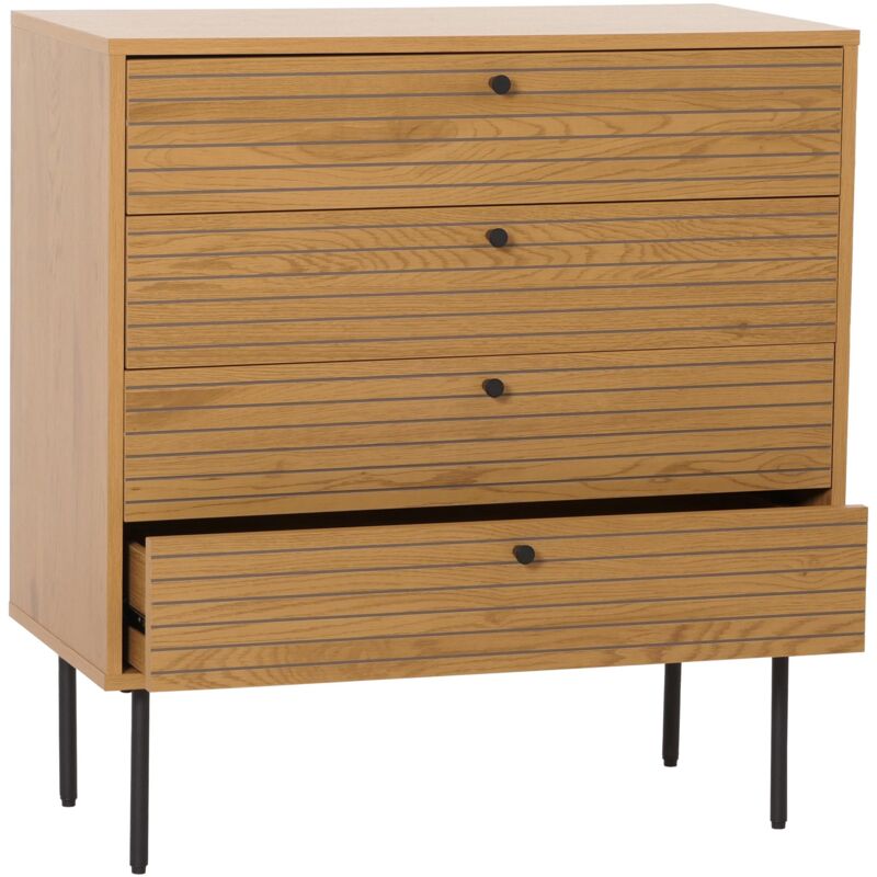 Commode HHG-093, Sideboard armoire, 4 tiroirs, style scandinave métal bois mélamine MVG 85x80x40cm, naturel