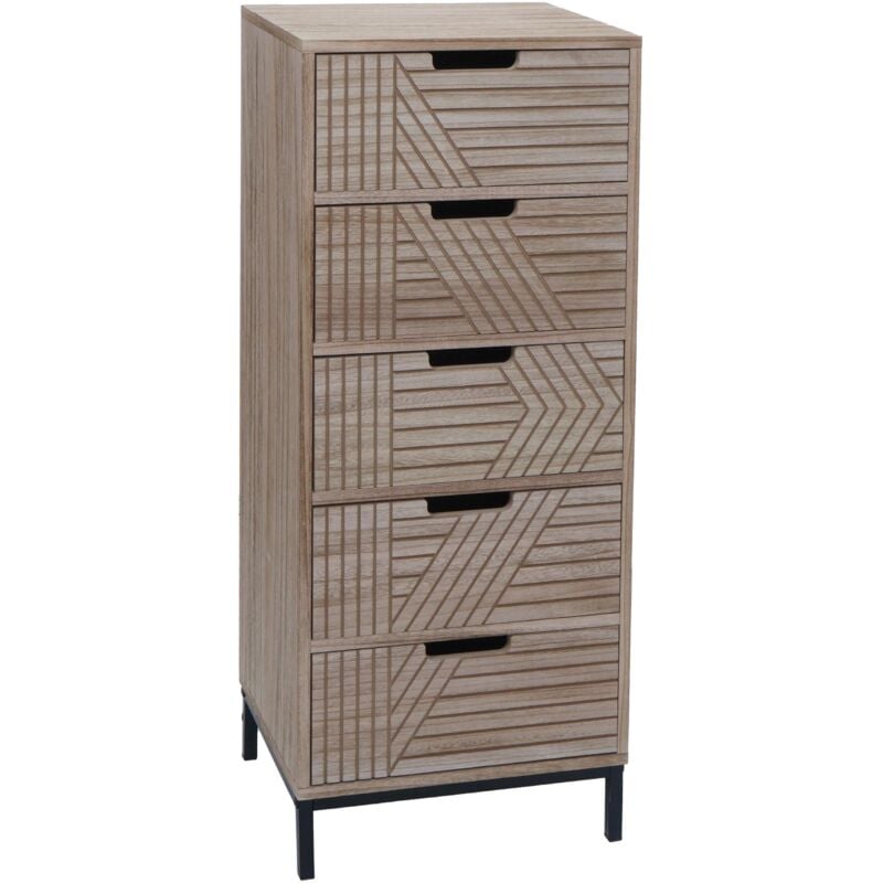Commode HHG-699, armoire Highboard, design 3D 5 tiroirs bois métal 84x35x29cm, naturel