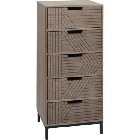Commode HWC-N90, armoire Highboard, design 3D 5 tiroirs bois métal 84x35x29cm - gris-brun