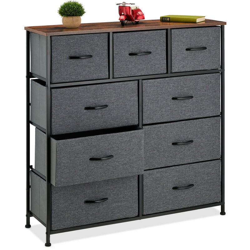 Commode, HxLxP: 100x100x30 cm, métal, effet bois, 9 tiroirs tissu, bahut, buffet moderne, plusieurs couleurs - Relaxdays