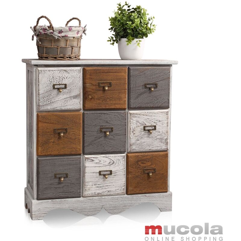 Mucola - Commode incl. 9 tiroirs Patchwork Shabby Look brun/gris/blanc bois de Paulownia