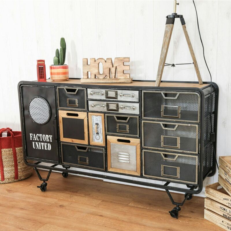 Commode industrielle métal bois sur roulettes Lamphun