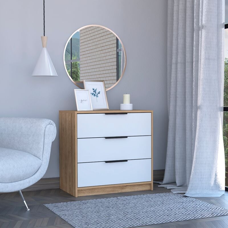 Tuhome Concept - Commode Kaia à 3 tiroirs, avec poignées métalliques blanc/miel