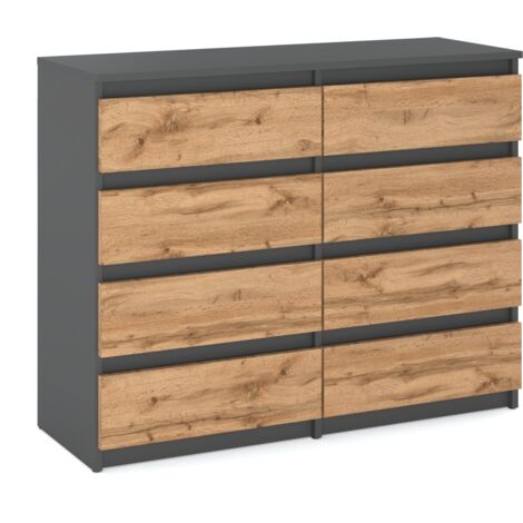 Commode large 120 cm en chêne Wotan gris – 8 tiroirs – Rails à billes pour fonctionnement fluide – Design minimaliste moderne