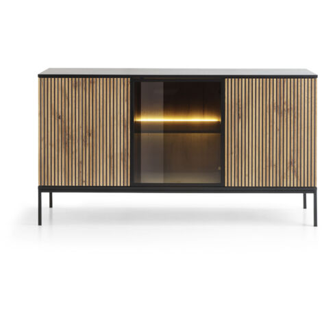 Commode large moderne avec portes et façade cannelée 154×83×39 cm, Noir / Chêne Wotan