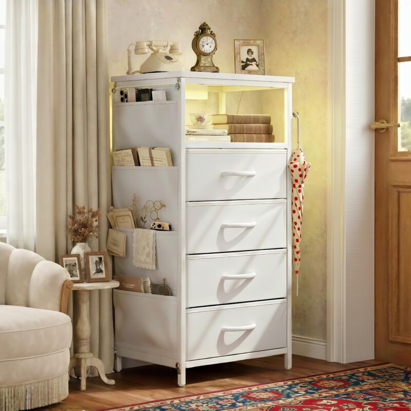 Commode LED avec USB, 4 tiroirs en tissu, 4 poches latérales, 2 crochets en L, Blanc - 40x30x79.5 cm
