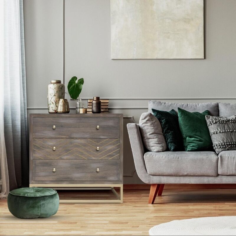 Les Tendances - Commode 3 tiroirs chêne foncé et pieds métal doré Nilia