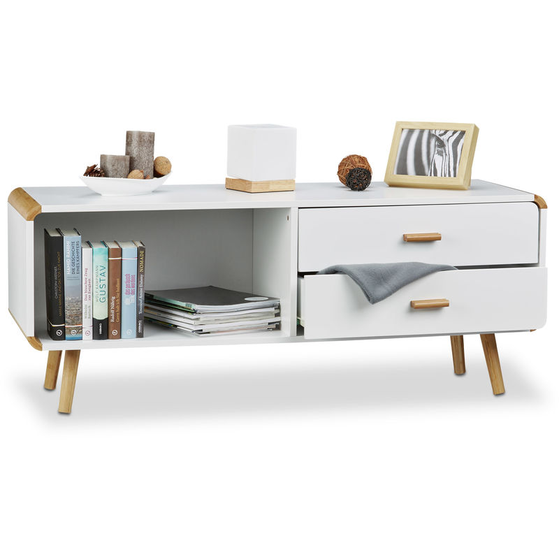 Relaxdays - Commode Lowboard coins arrondis en blanc meuble TV buffet avec tiroirs HxlxP: 48 x 120 x 40 cm, blanc