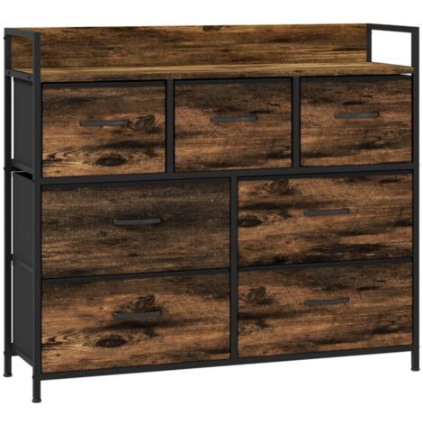 Commode marron 7 tiroirs tissu - Sécurité anti-basculement - Meuble rangement MDF - Salon/chambre - Moderne