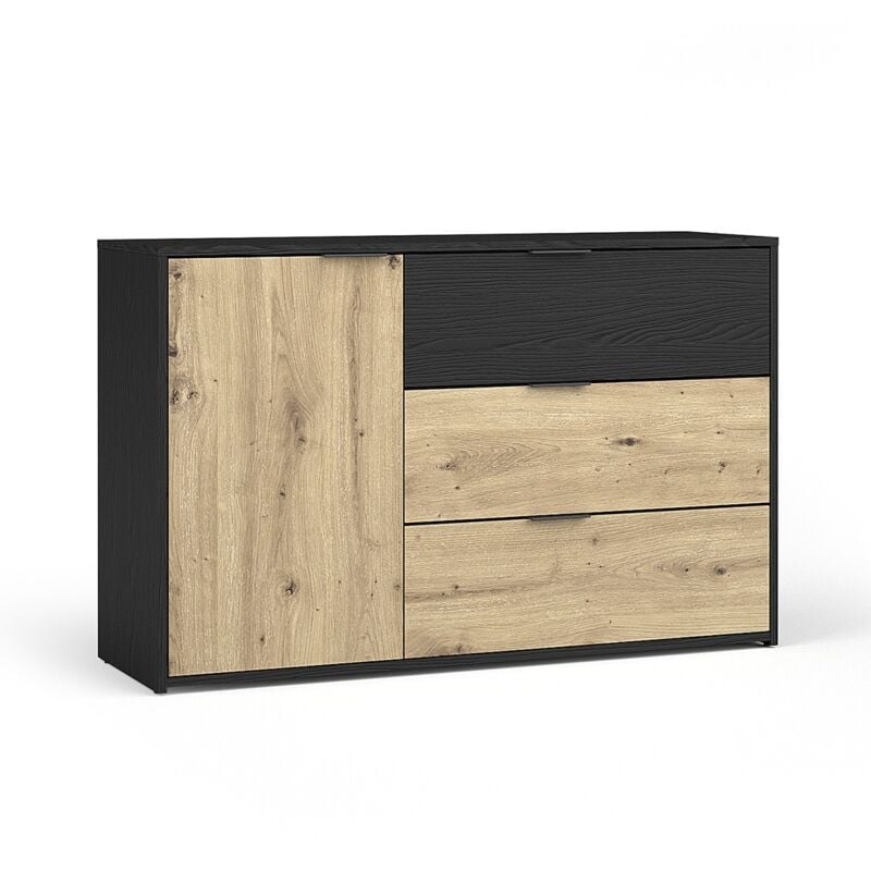 Meublorama - Commode melody - 3 Tiroirs et 1 Porte - 139x80x35 cm - Noir graphite et chêne clair