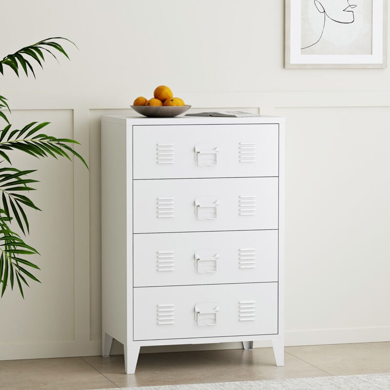 Commode métallique Hämeenlinna avec 4 tiroirs acier 92 x 80 x 40 cm blanc [en.casa]