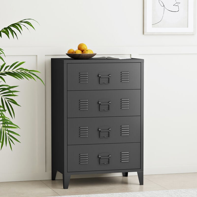 Commode métallique Hämeenlinna avec 4 tiroirs acier 92 x 80 x 40 cm noir [en.casa]