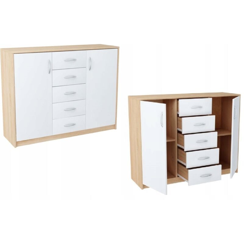 Buffet avec 2 portes et 5 tiroirs Blanc-Sonoma - Meuble de Rangement Style contemporain - 110 x 35 x 85 cm