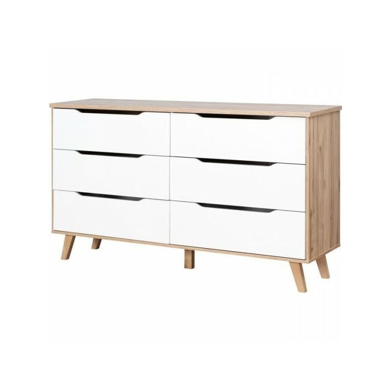 Commode 6 tiroirs - En panneaux de particules - Décor chene et blanc - Contemporain - l 154 x p 42 x h 86 cm