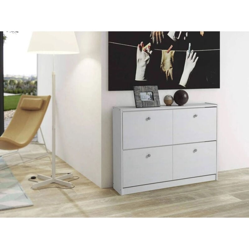 Pegane - Meuble à chaussures, commode à chaussures avec 2 portes abattantes en pin massif coloris blanc - Longueur 110 x Profondeur 23 x Hauteur 80 cm