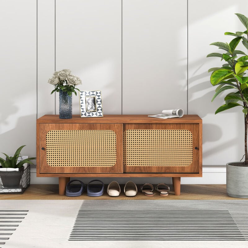 Meuble à chaussures en rotin avec 2 portes avec étagère réglable. pour couloir. salon et chambre, noyer