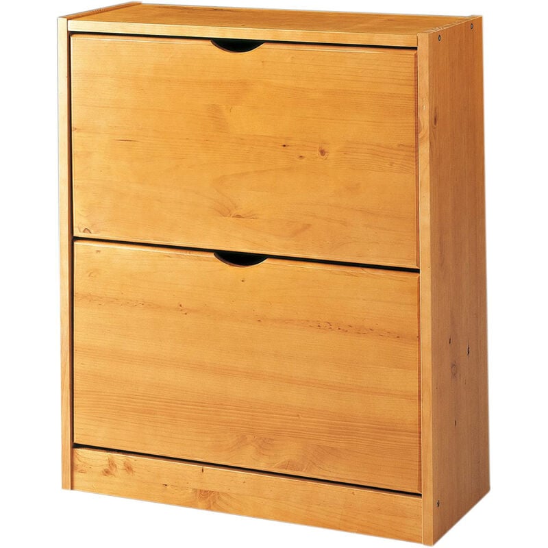 Commode Meuble à chaussures avec 2 portes rabattables en pin massif coloris Miel - Longueur 63 x Profondeur 27 x Hauteur 77 cm